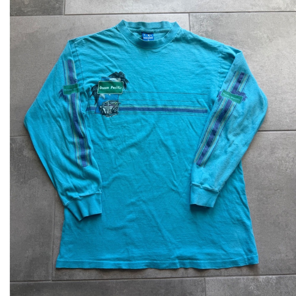 Vintage 90s Ocean Pacific Long Sleeve Graphic T-Shirt Blue Mens Fits Like Medium